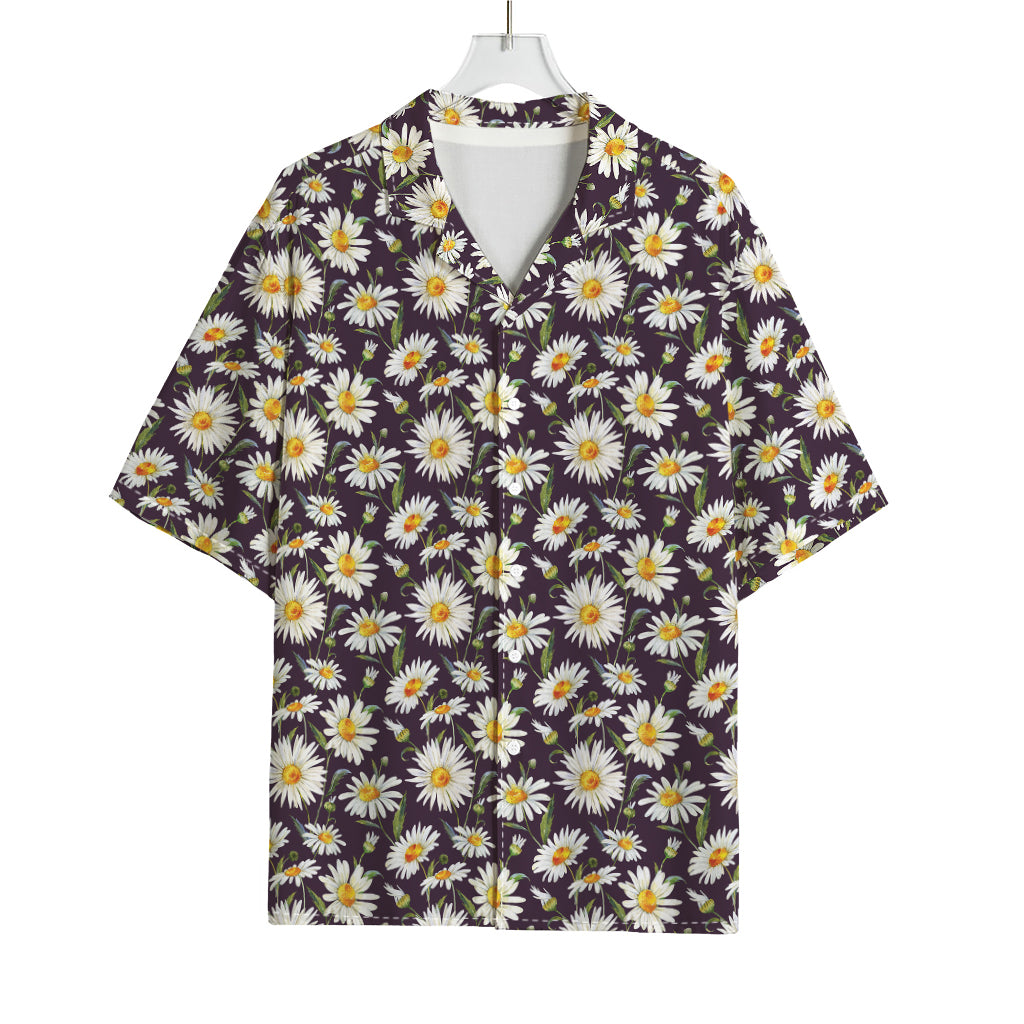 Watercolor White Daisy Pattern Print Rayon Hawaiian Shirt