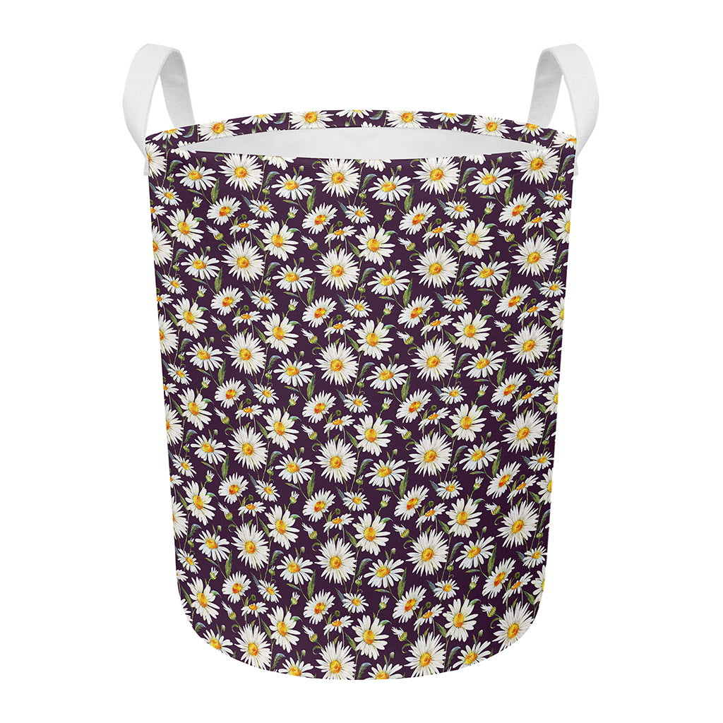 Watercolor White Daisy Pattern Print Round Laundry Basket