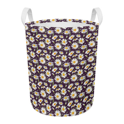 Watercolor White Daisy Pattern Print Round Laundry Basket