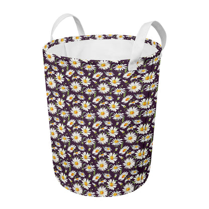 Watercolor White Daisy Pattern Print Round Laundry Basket