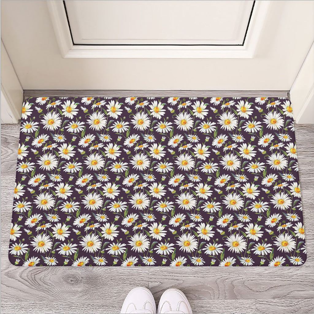 Watercolor White Daisy Pattern Print Rubber Doormat