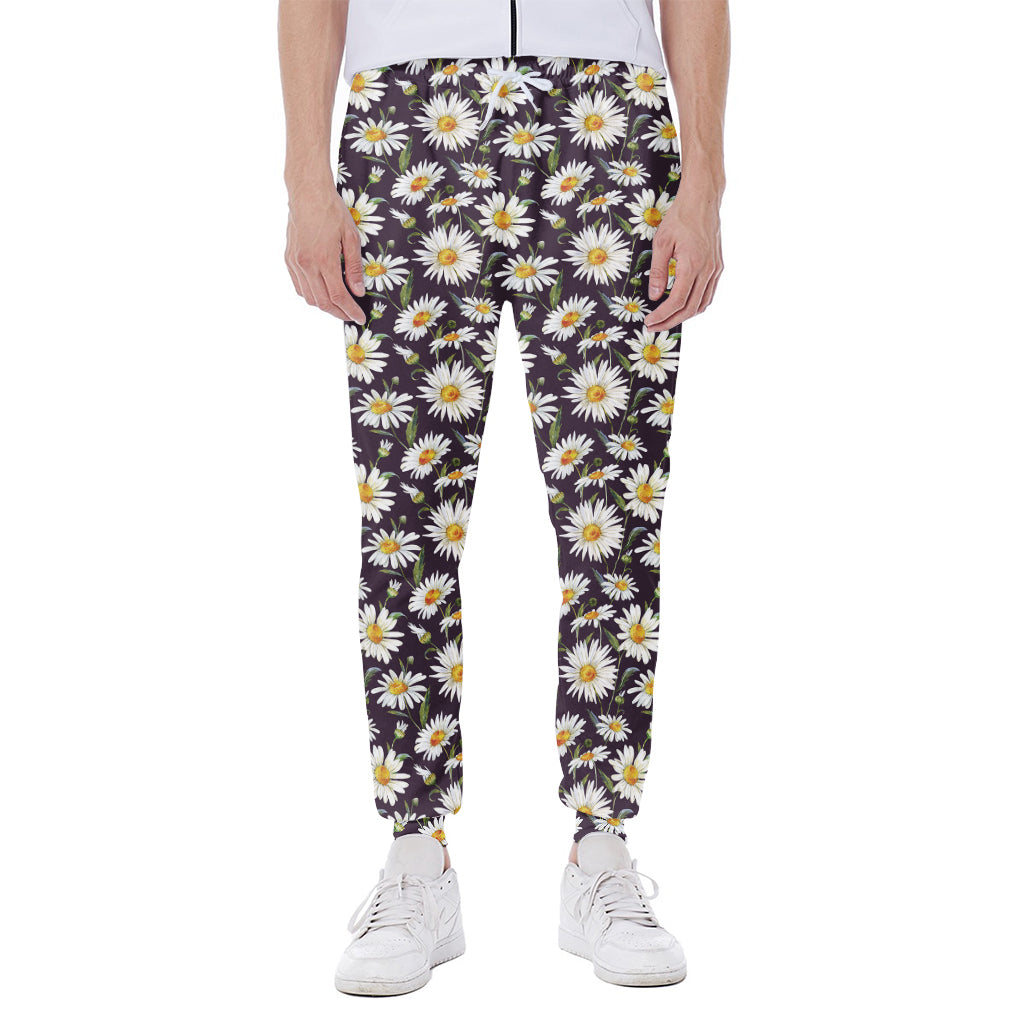 Watercolor White Daisy Pattern Print Scuba Joggers