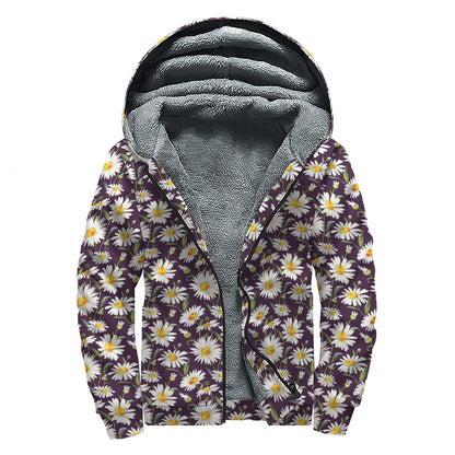 Watercolor White Daisy Pattern Print Sherpa Lined Zip Up Hoodie
