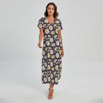 Watercolor White Daisy Pattern Print Short Sleeve Maxi Dress