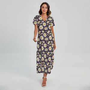 Watercolor White Daisy Pattern Print Short Sleeve Maxi Dress