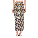 Watercolor White Daisy Pattern Print Side Slit Maxi Skirt