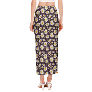 Watercolor White Daisy Pattern Print Side Slit Maxi Skirt