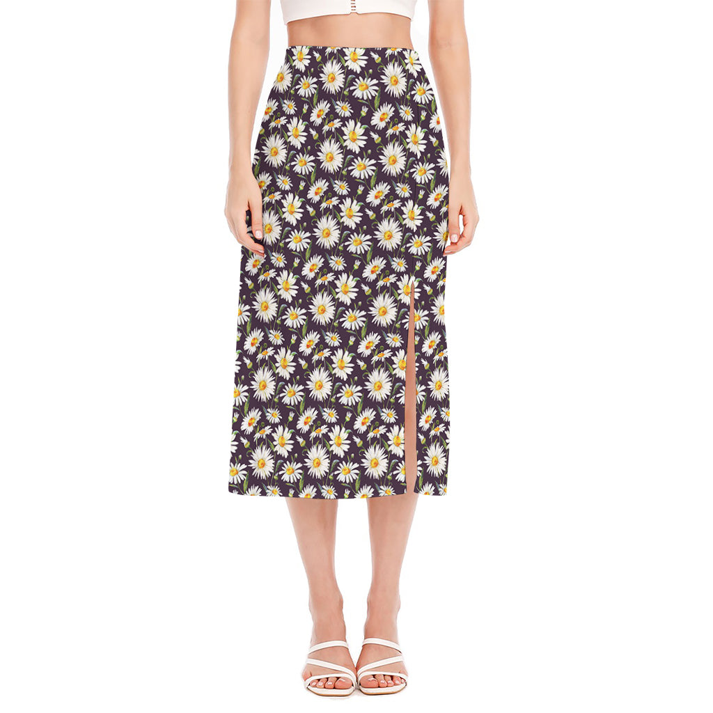 Watercolor White Daisy Pattern Print Side Slit Midi Skirt