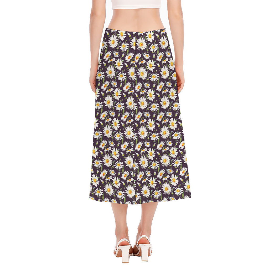 Watercolor White Daisy Pattern Print Side Slit Midi Skirt