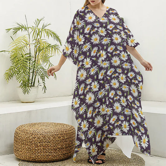 Watercolor White Daisy Pattern Print Silk V-Neck Kaftan Dress