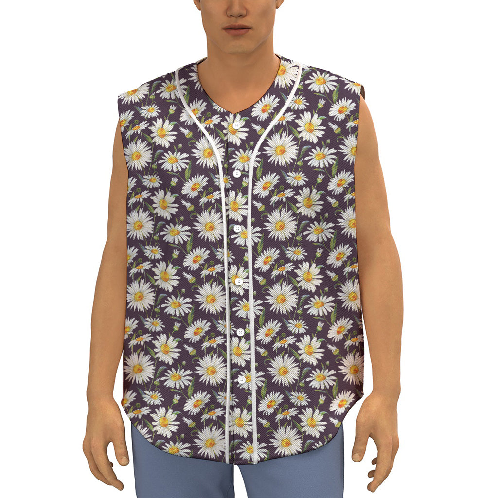 Watercolor White Daisy Pattern Print Sleeveless Baseball Jersey