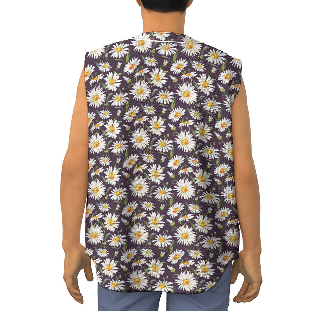 Watercolor White Daisy Pattern Print Sleeveless Baseball Jersey