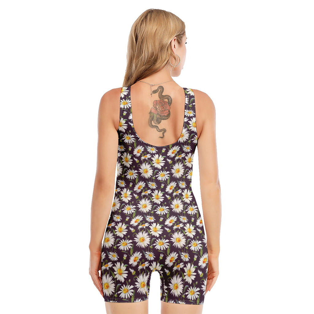 Watercolor White Daisy Pattern Print Sleeveless One Piece Swimsuit