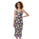 Watercolor White Daisy Pattern Print Slim Fit Midi Cami Dress