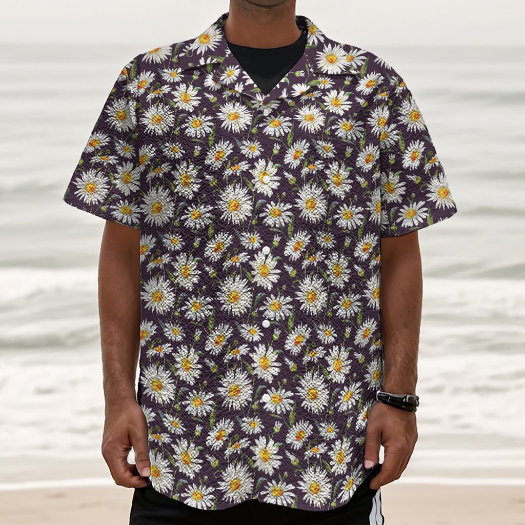 Watercolor White Daisy Pattern Print Textured Short Sleeve Shirt