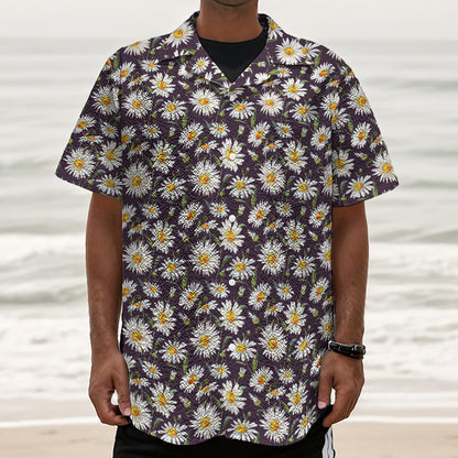 Watercolor White Daisy Pattern Print Textured Short Sleeve Shirt