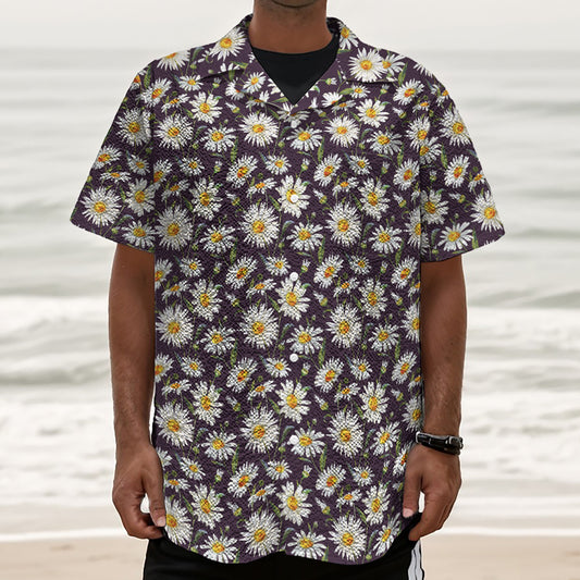 Watercolor White Daisy Pattern Print Textured Short Sleeve Shirt