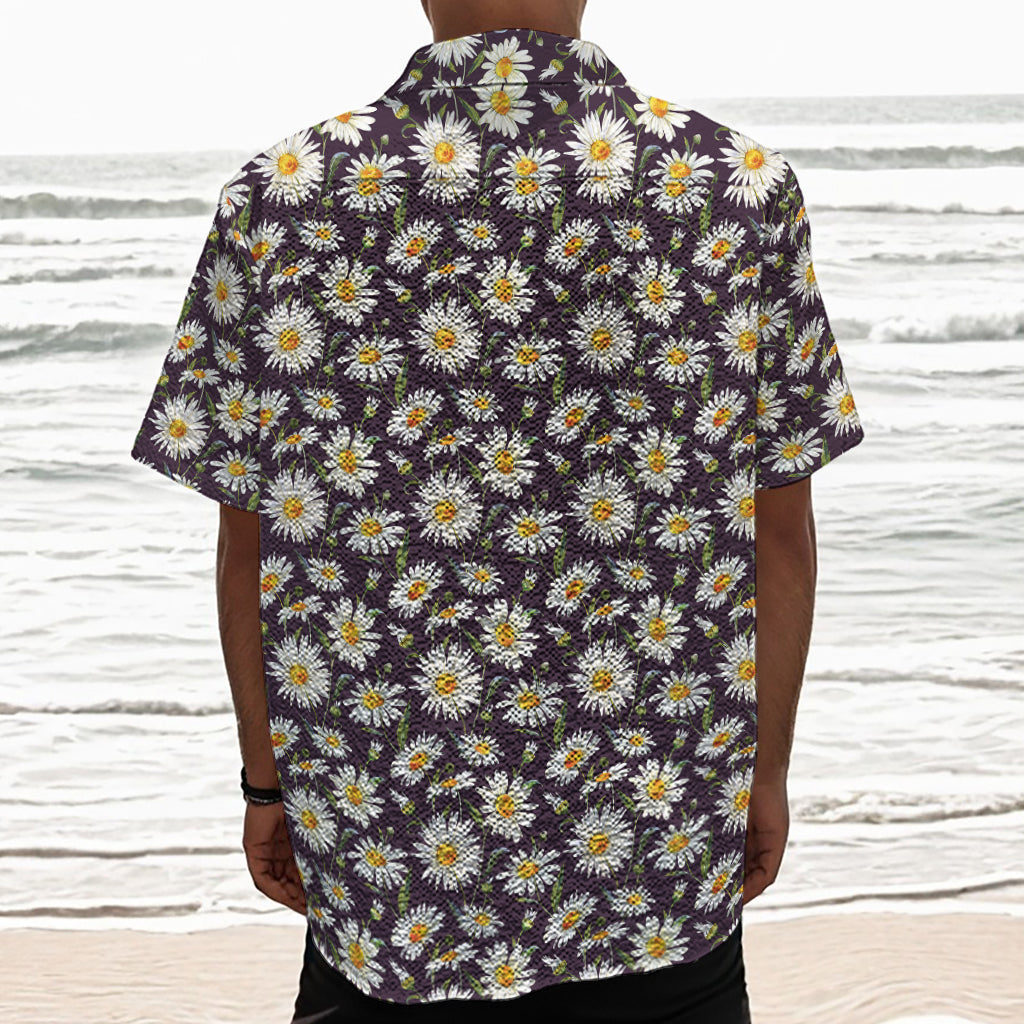 Watercolor White Daisy Pattern Print Textured Short Sleeve Shirt