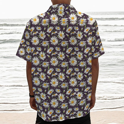 Watercolor White Daisy Pattern Print Textured Short Sleeve Shirt