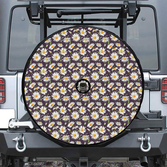 Watercolor White Daisy Pattern Print Tire Cover With Camera Hole
