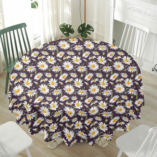 Watercolor White Daisy Pattern Print Waterproof Round Tablecloth