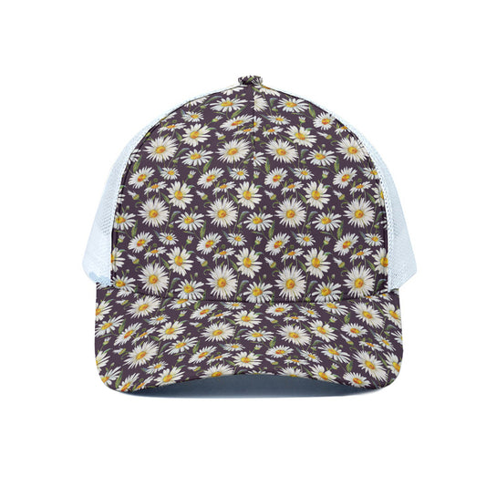 Watercolor White Daisy Pattern Print White Mesh Trucker Cap