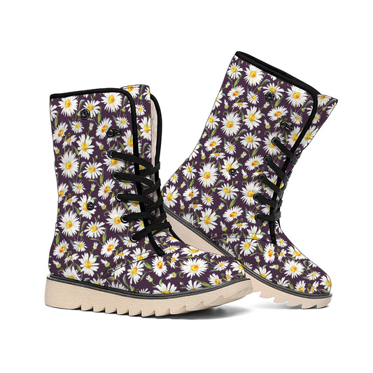 Watercolor White Daisy Pattern Print Winter Boots