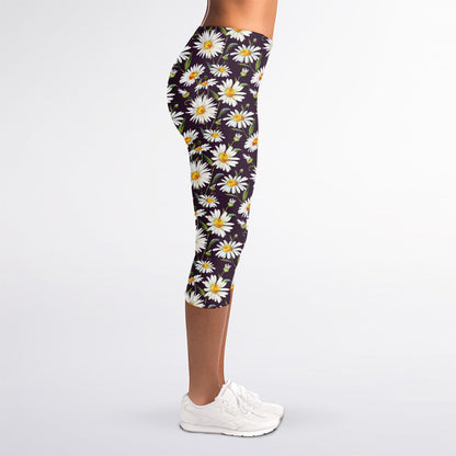Watercolor White Daisy Pattern Print Women's Capri Leggings