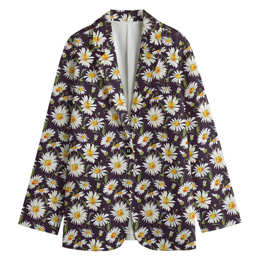 Watercolor White Daisy Pattern Print Women's Cotton Blazer