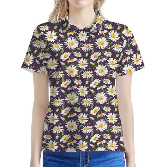 Watercolor White Daisy Pattern Print Women's Polo Shirt