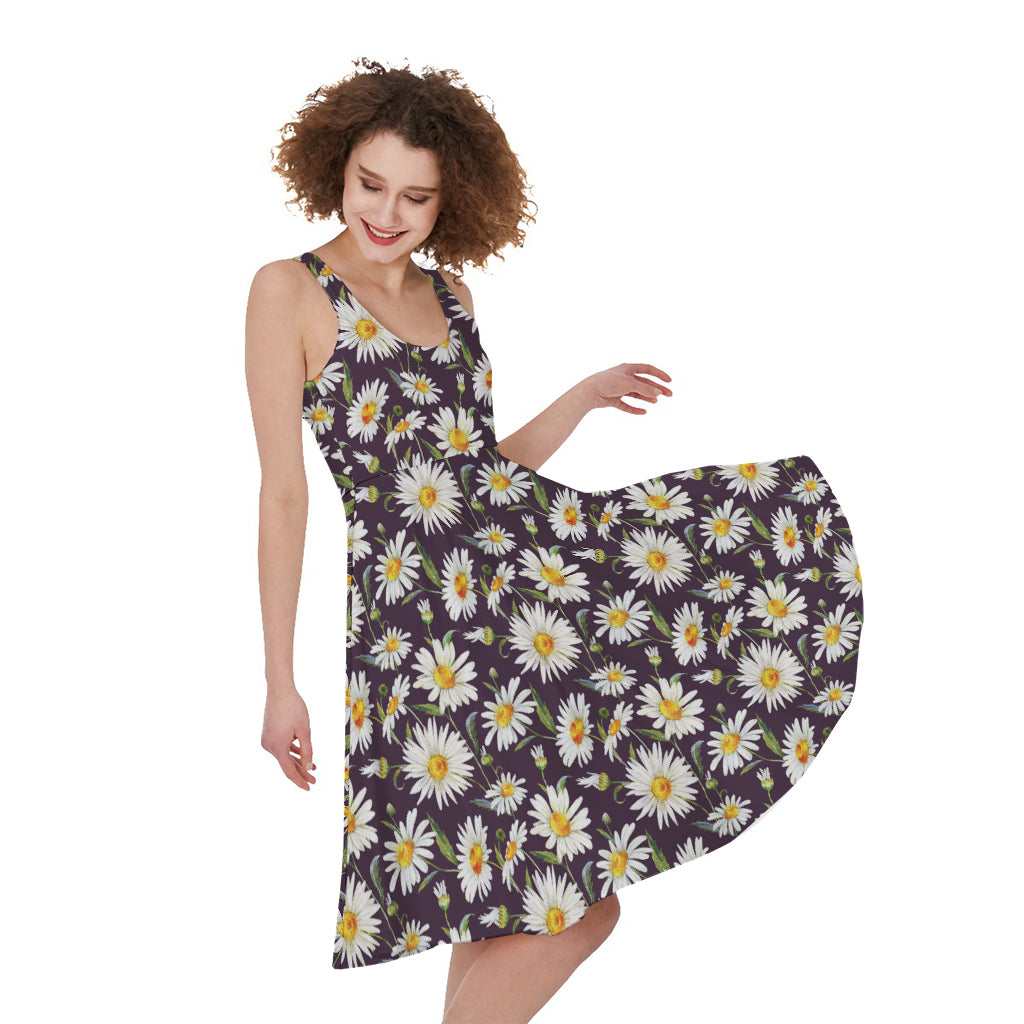 Watercolor White Daisy Pattern Print Women's Sleeveless Dress