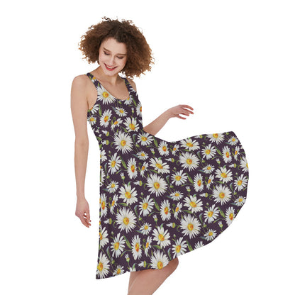 Watercolor White Daisy Pattern Print Women's Sleeveless Dress