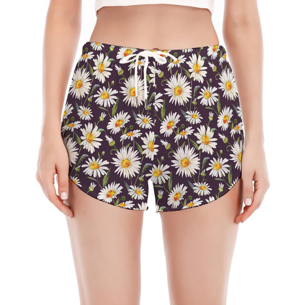 Watercolor White Daisy Pattern Print Women's Split Running Shorts