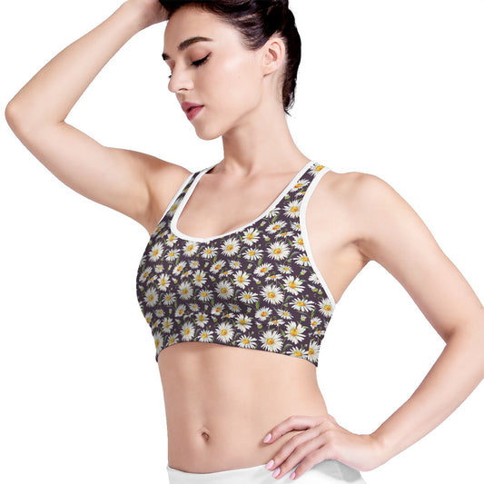 Watercolor White Daisy Pattern Print Women's Sports Bra