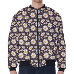 Watercolor White Daisy Pattern Print Zip Sleeve Bomber Jacket