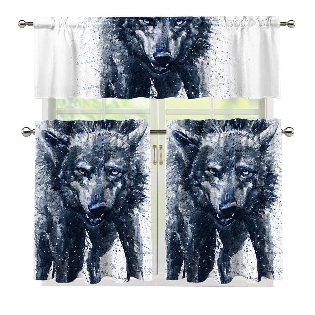 Watercolor Wolf Portrait Print 3 Piece Kitchen Curtains