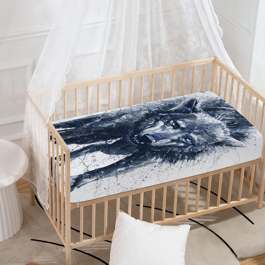 Watercolor Wolf Portrait Print Baby Crib Sheet