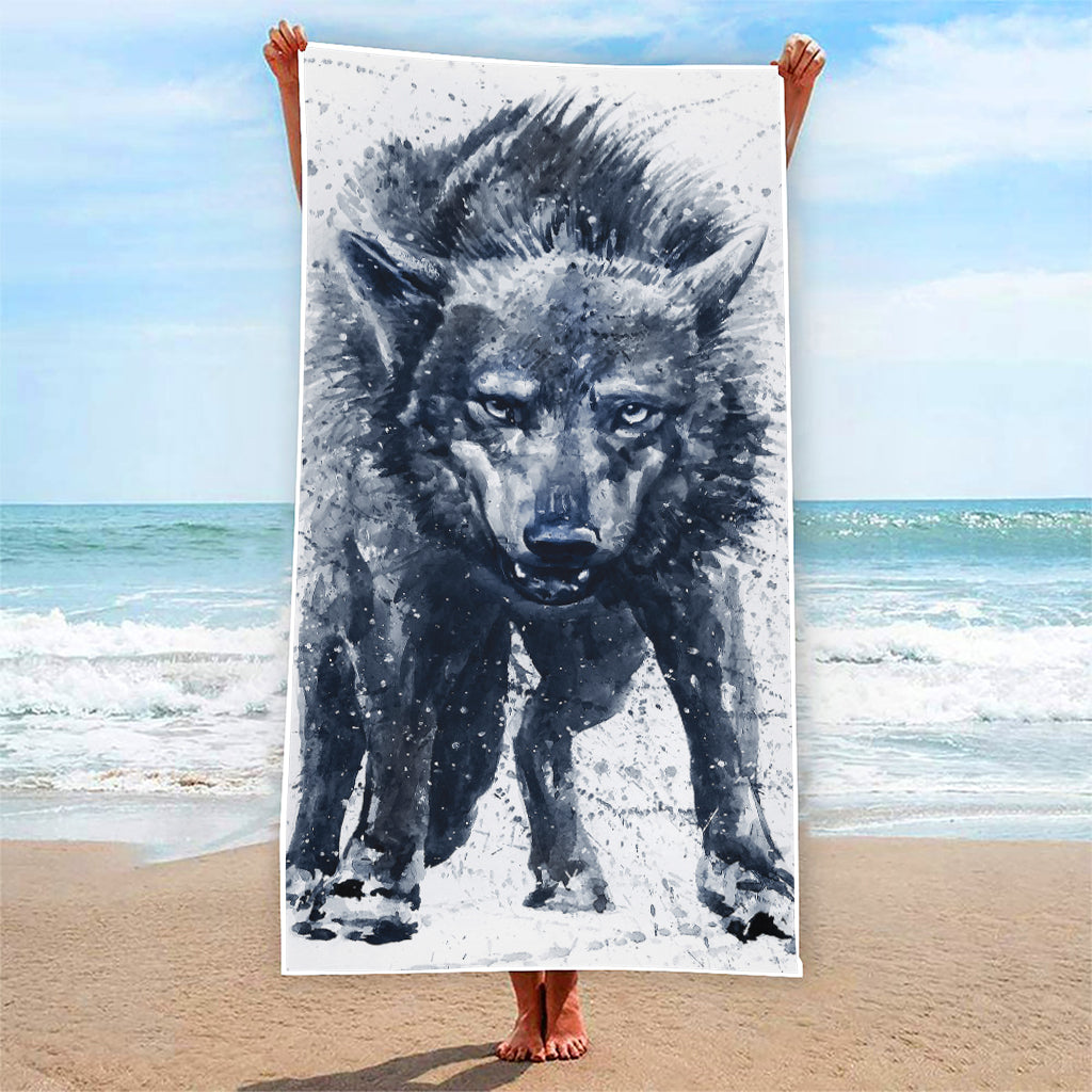 Watercolor Wolf Portrait Print Beach Towel
