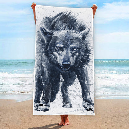 Watercolor Wolf Portrait Print Beach Towel