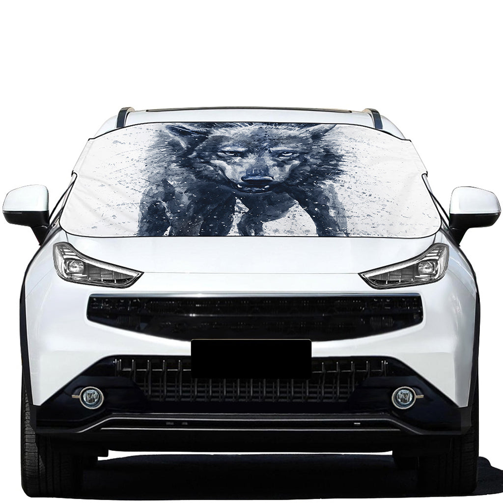 Watercolor Wolf Portrait Print Car Windshield Snow Cover