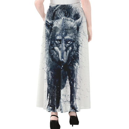 Watercolor Wolf Portrait Print Chiffon Maxi Skirt