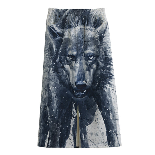 Watercolor Wolf Portrait Print Cotton Front Slit Maxi Skirt