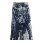 Watercolor Wolf Portrait Print Cotton Front Slit Maxi Skirt