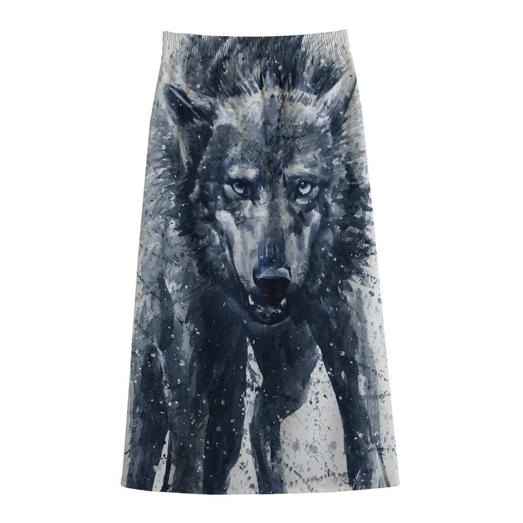 Watercolor Wolf Portrait Print Cotton Front Slit Maxi Skirt