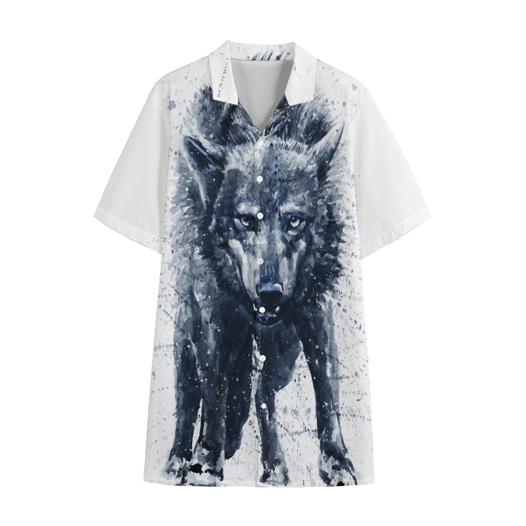 Watercolor Wolf Portrait Print Cotton Hawaiian Shirt