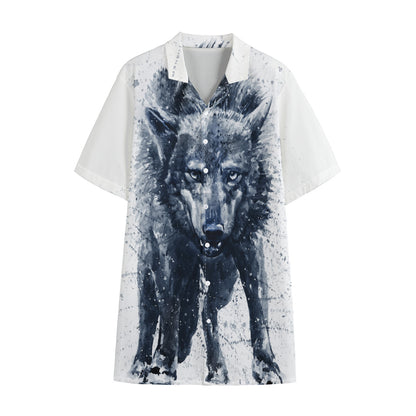 Watercolor Wolf Portrait Print Cotton Hawaiian Shirt