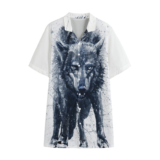 Watercolor Wolf Portrait Print Cotton Hawaiian Shirt