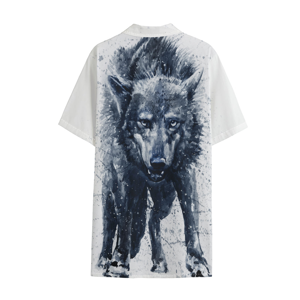 Watercolor Wolf Portrait Print Cotton Hawaiian Shirt