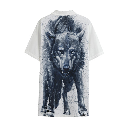 Watercolor Wolf Portrait Print Cotton Hawaiian Shirt