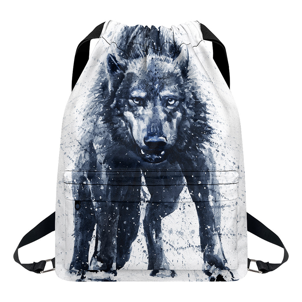 Watercolor Wolf Portrait Print Drawstring Backpack